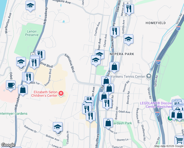 map of restaurants, bars, coffee shops, grocery stores, and more near 1373 Nepperhan Avenue in Yonkers
