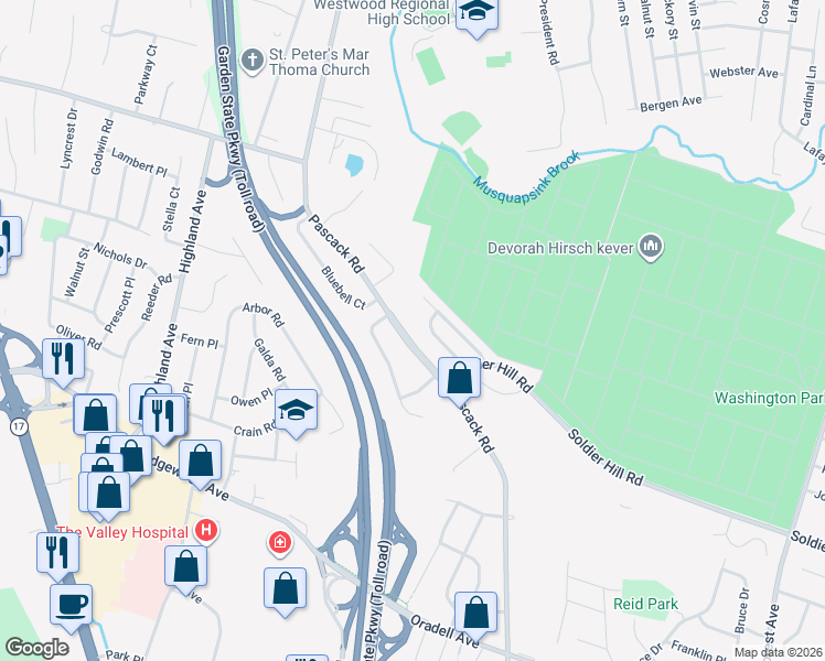 map of restaurants, bars, coffee shops, grocery stores, and more near 777 Pascack Road in Paramus