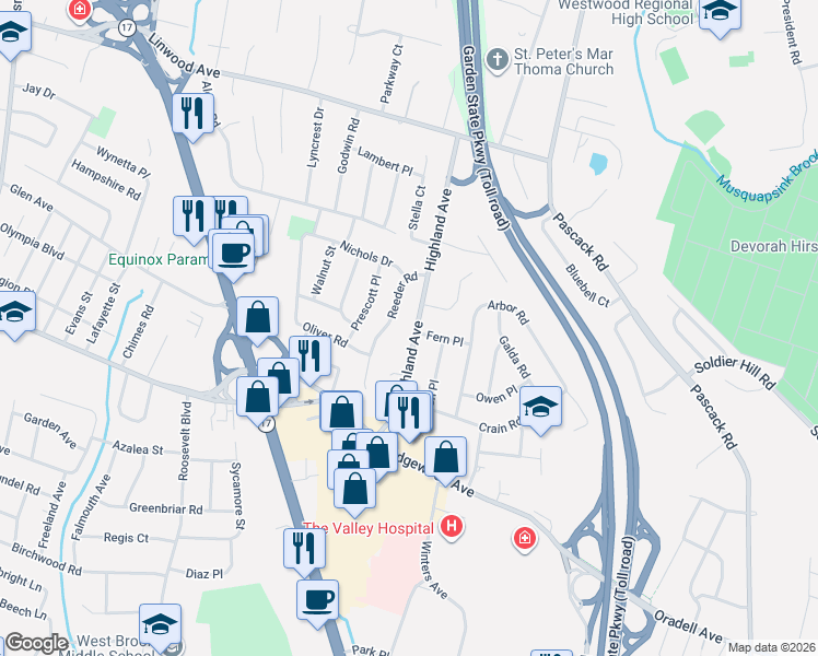 map of restaurants, bars, coffee shops, grocery stores, and more near 56 Fern Place in Paramus