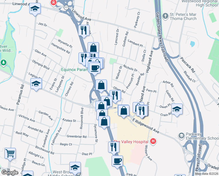 map of restaurants, bars, coffee shops, grocery stores, and more near 740 Stevens Court in Paramus