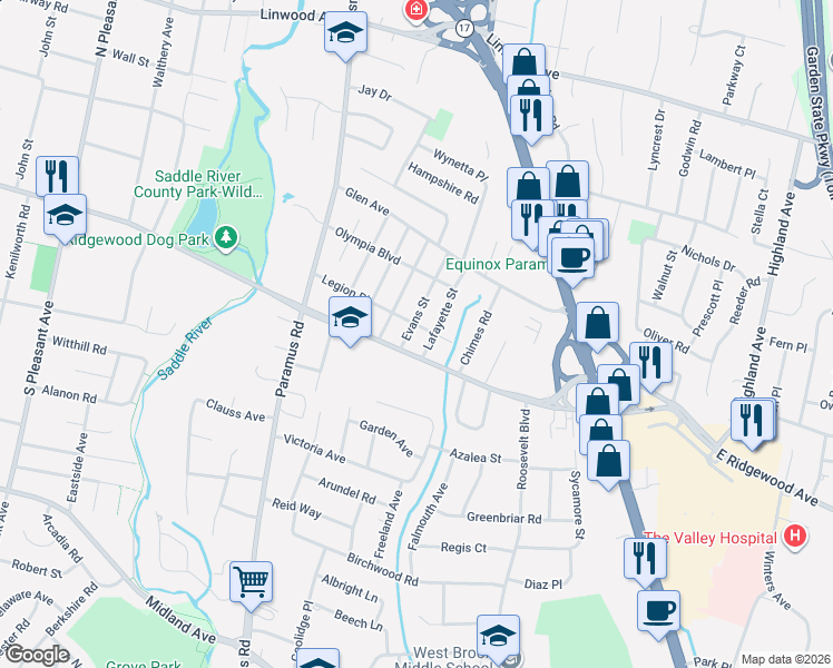 map of restaurants, bars, coffee shops, grocery stores, and more near 83 West Ridgewood Avenue in Paramus