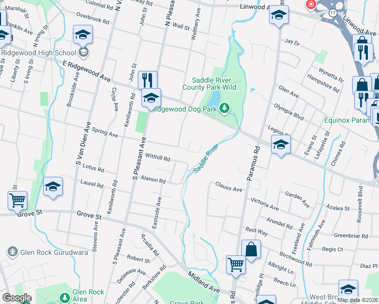 map of restaurants, bars, coffee shops, grocery stores, and more near 713 Witthill Road in Ridgewood