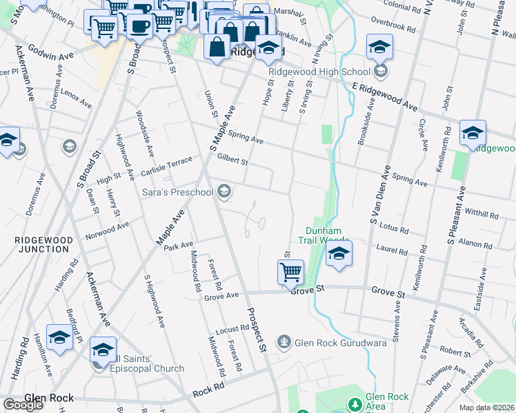 map of restaurants, bars, coffee shops, grocery stores, and more near 37 Kira Lane in Ridgewood