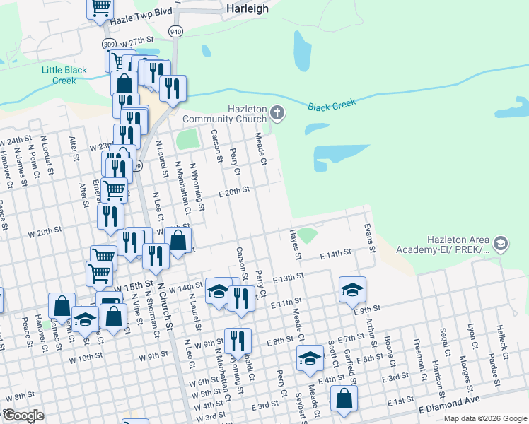 map of restaurants, bars, coffee shops, grocery stores, and more near 890-898 Seybert St in Hazleton