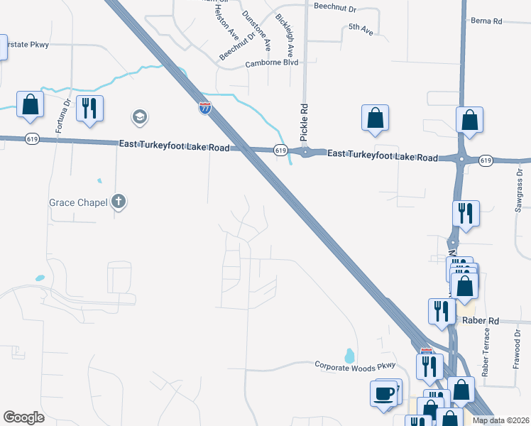 map of restaurants, bars, coffee shops, grocery stores, and more near 1296 East Turkeyfoot Lake Road in Akron