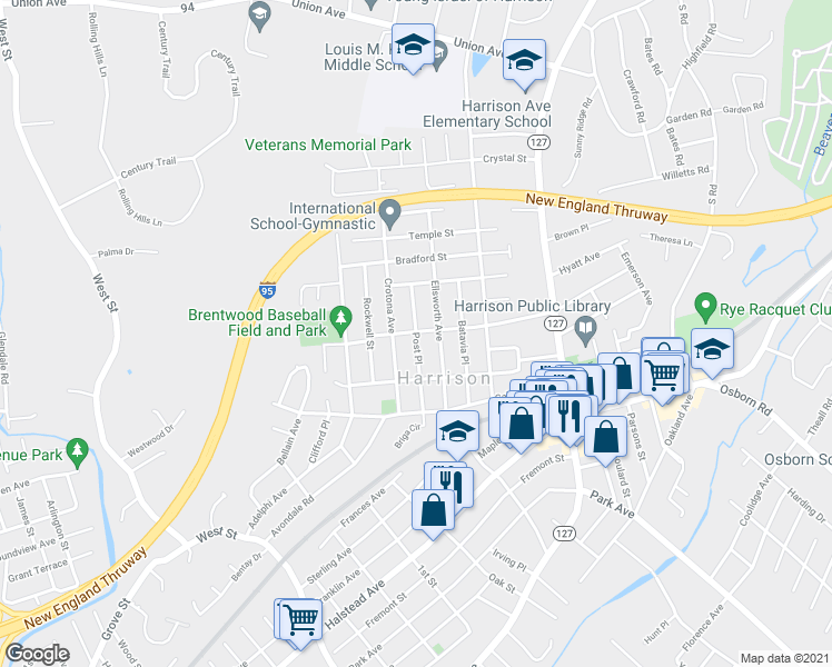map of restaurants, bars, coffee shops, grocery stores, and more near 75 Post Place in Harrison