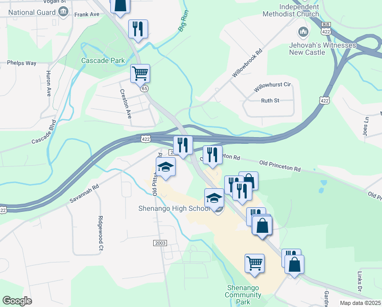 map of restaurants, bars, coffee shops, grocery stores, and more near 2550 Ellwood Road in New Castle