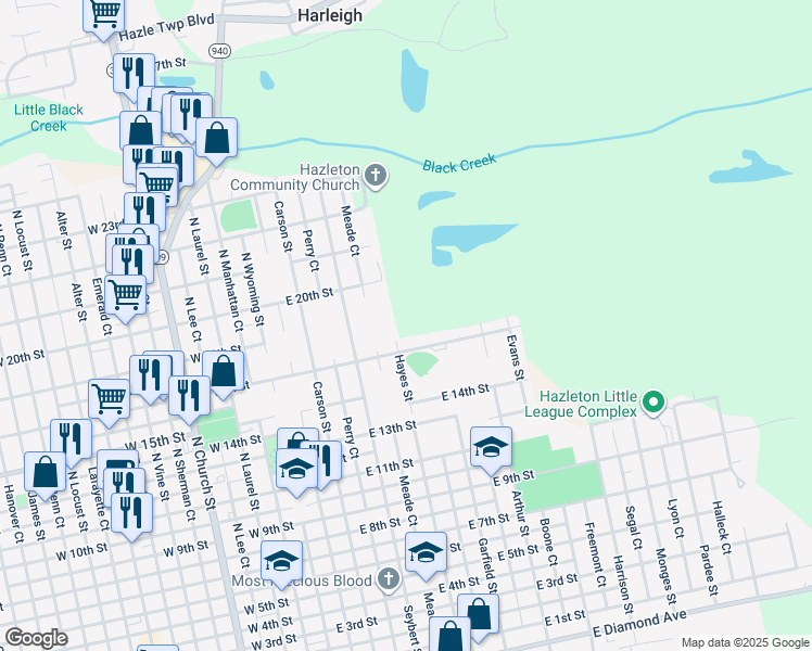 map of restaurants, bars, coffee shops, grocery stores, and more near East Street in Hazleton