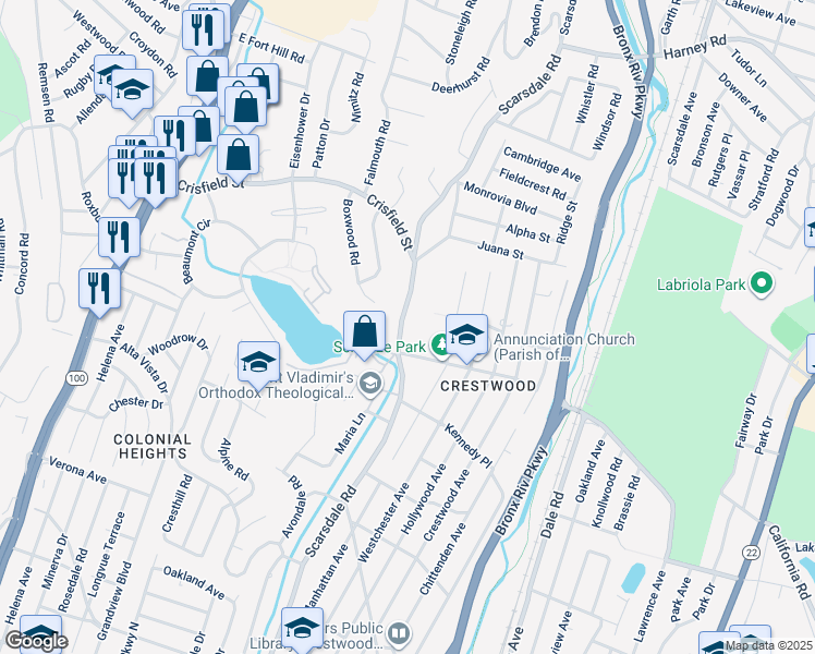 map of restaurants, bars, coffee shops, grocery stores, and more near 13 Saint Eleanoras Lane in Yonkers
