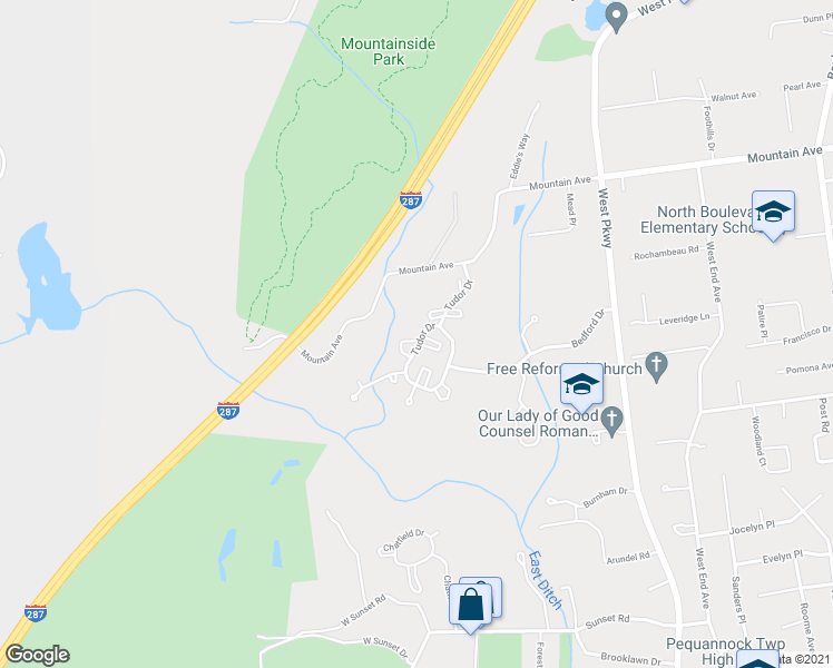 map of restaurants, bars, coffee shops, grocery stores, and more near 5713 Tudor Drive in Pequannock Township