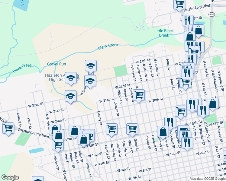 map of restaurants, bars, coffee shops, grocery stores, and more near 22ND Lincoln Street in Hazleton