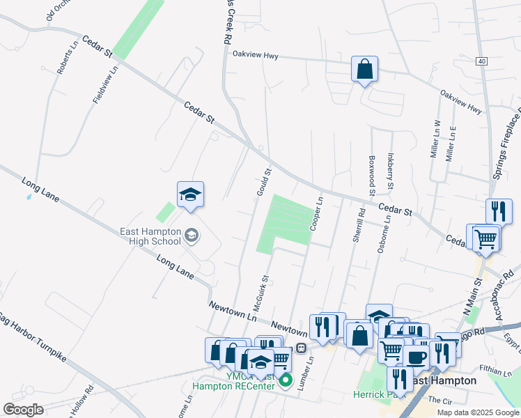map of restaurants, bars, coffee shops, grocery stores, and more near 64 Gould Street in East Hampton