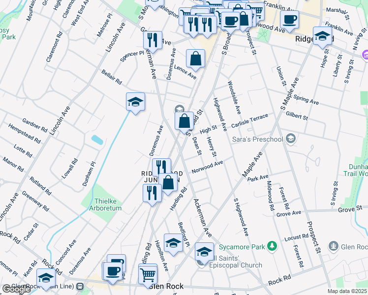 map of restaurants, bars, coffee shops, grocery stores, and more near 19 Elizabeth Street in Glen Rock
