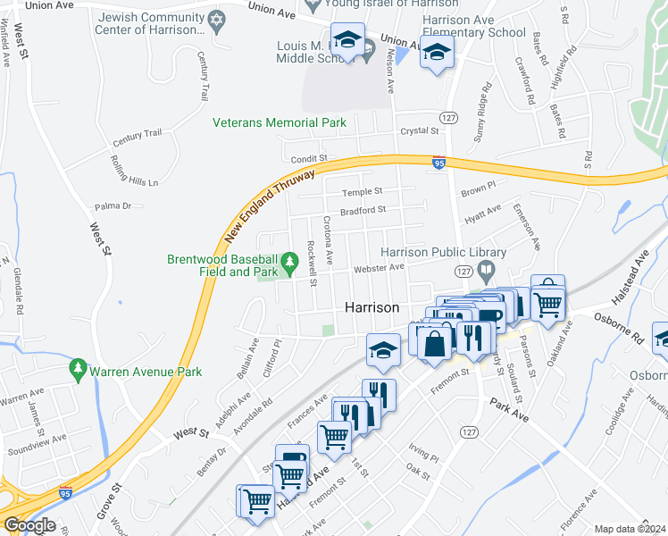 map of restaurants, bars, coffee shops, grocery stores, and more near 112 Webster Avenue in Harrison