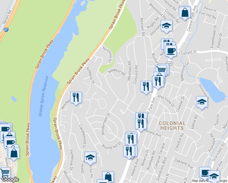 map of restaurants, bars, coffee shops, grocery stores, and more near 165 Jennifer Lane in Yonkers