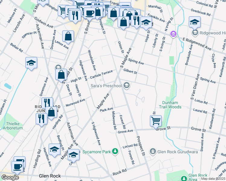 map of restaurants, bars, coffee shops, grocery stores, and more near 319 South Maple Avenue in Ridgewood