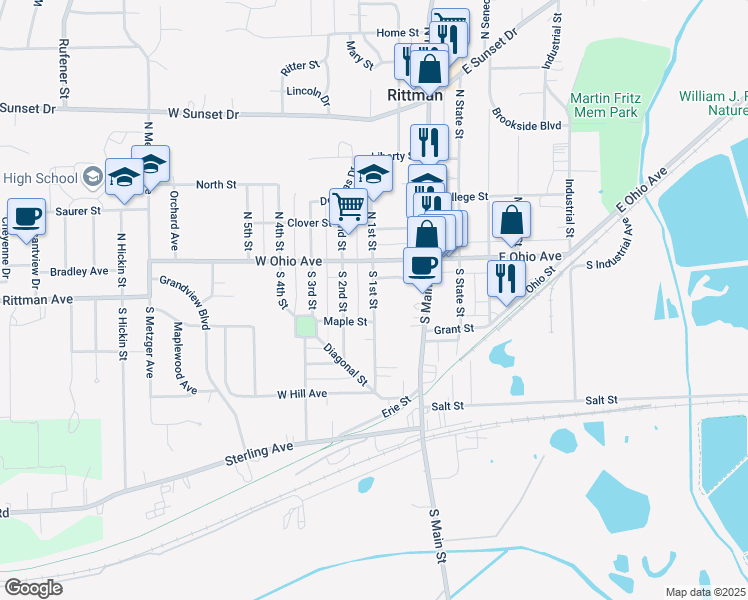 map of restaurants, bars, coffee shops, grocery stores, and more near 91 South 1st Street in Rittman