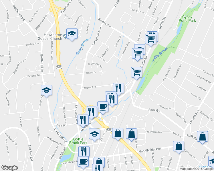 map of restaurants, bars, coffee shops, grocery stores, and more near Braen Avenue in Wyckoff