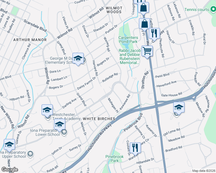 map of restaurants, bars, coffee shops, grocery stores, and more near 8 Sunnyridge Road in New Rochelle