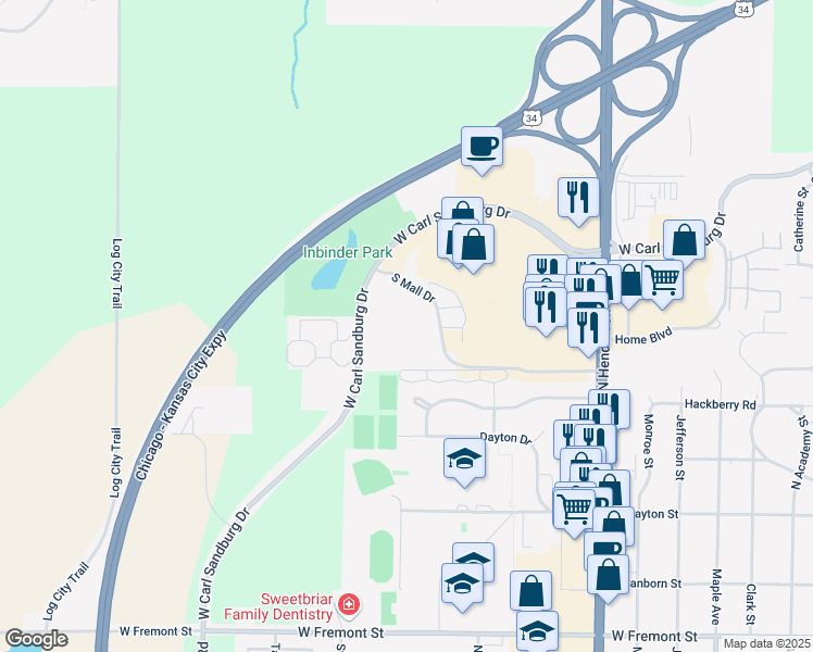 map of restaurants, bars, coffee shops, grocery stores, and more near 1324 West Carl Sandburg Drive in Galesburg