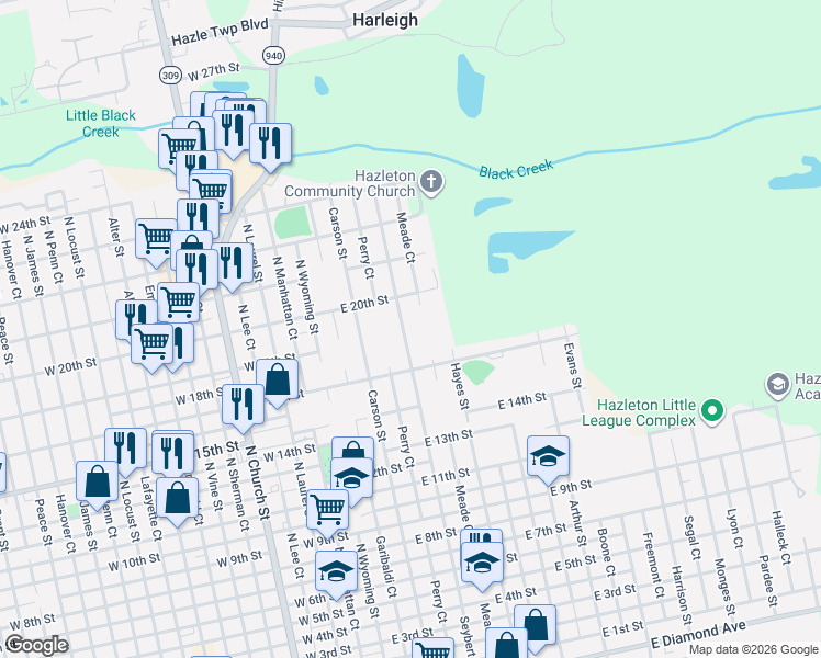 map of restaurants, bars, coffee shops, grocery stores, and more near 890-898 Seybert St in Hazleton