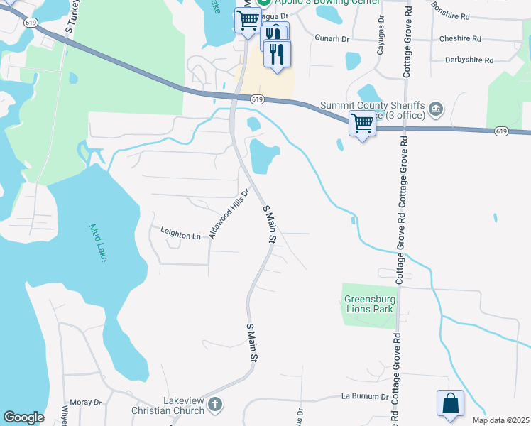 map of restaurants, bars, coffee shops, grocery stores, and more near 4282 South Main Street in Akron