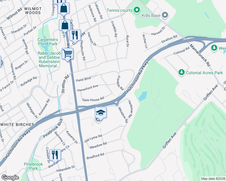 map of restaurants, bars, coffee shops, grocery stores, and more near 4 Swarthmore Road in Scarsdale