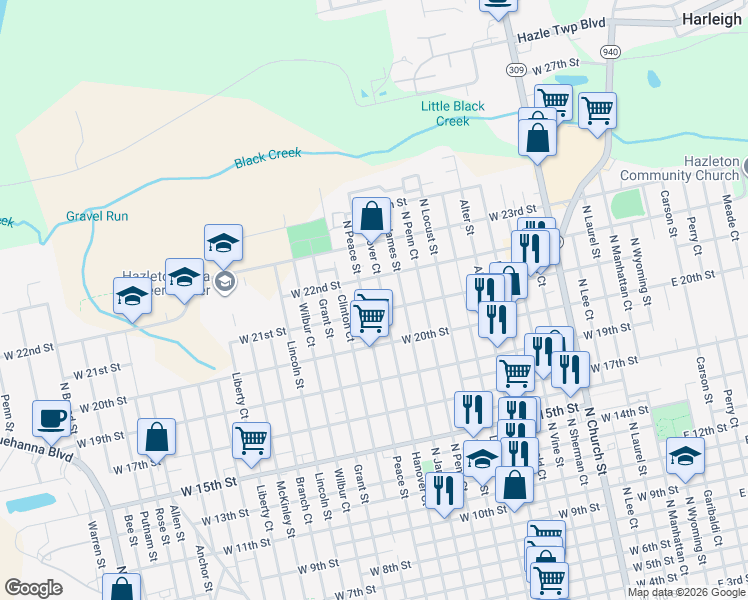 map of restaurants, bars, coffee shops, grocery stores, and more near 954-956 N James St in Hazleton