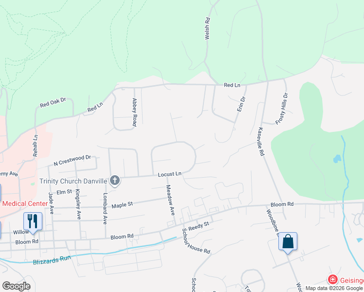 map of restaurants, bars, coffee shops, grocery stores, and more near 511-521 Locust Lane in Danville