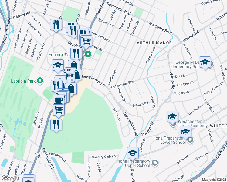 map of restaurants, bars, coffee shops, grocery stores, and more near 149A Wilmot Road in Scarsdale