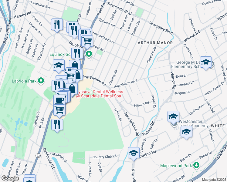 map of restaurants, bars, coffee shops, grocery stores, and more near 141 Wilmot Road in Scarsdale