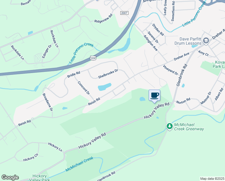 map of restaurants, bars, coffee shops, grocery stores, and more near Fox Circle in Stroudsburg