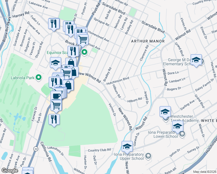 map of restaurants, bars, coffee shops, grocery stores, and more near 149A Wilmot Road in Scarsdale