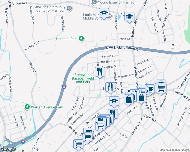 map of restaurants, bars, coffee shops, grocery stores, and more near 90 Rockwell Street in Harrison