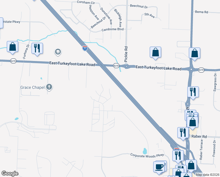 map of restaurants, bars, coffee shops, grocery stores, and more near 1296 East Turkeyfoot Lake Road in Akron