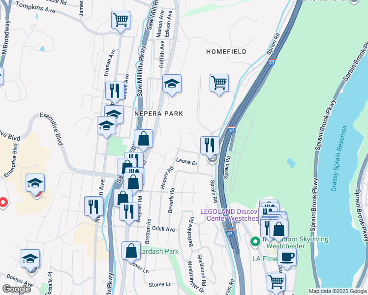 map of restaurants, bars, coffee shops, grocery stores, and more near 22 Leona Drive in Yonkers