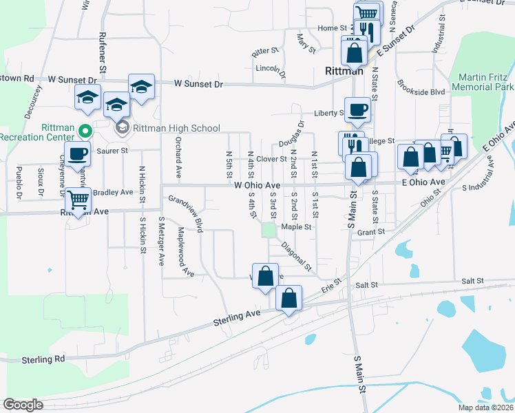 map of restaurants, bars, coffee shops, grocery stores, and more near 192 West Park Street in Rittman