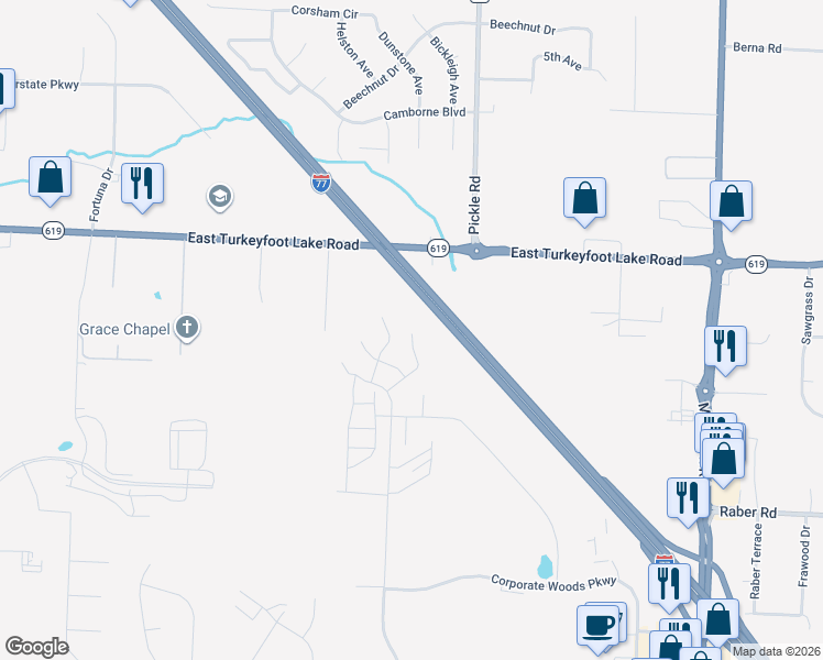 map of restaurants, bars, coffee shops, grocery stores, and more near 1280 East Turkeyfoot Lake Road in Akron