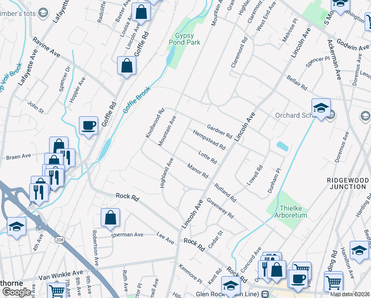 map of restaurants, bars, coffee shops, grocery stores, and more near 415 Highland Avenue in Ridgewood