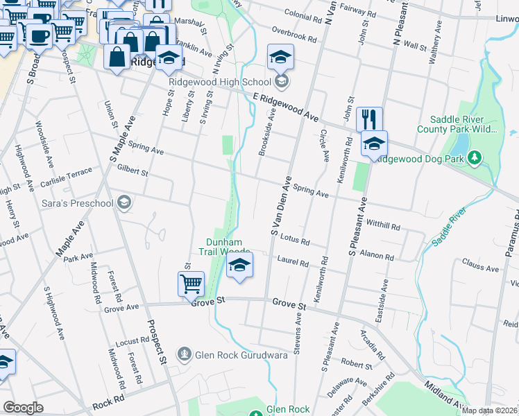 map of restaurants, bars, coffee shops, grocery stores, and more near 218 Brookside Avenue in Ridgewood