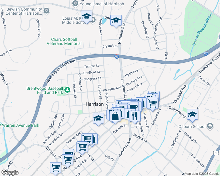 map of restaurants, bars, coffee shops, grocery stores, and more near 77 Nelson Avenue in Harrison