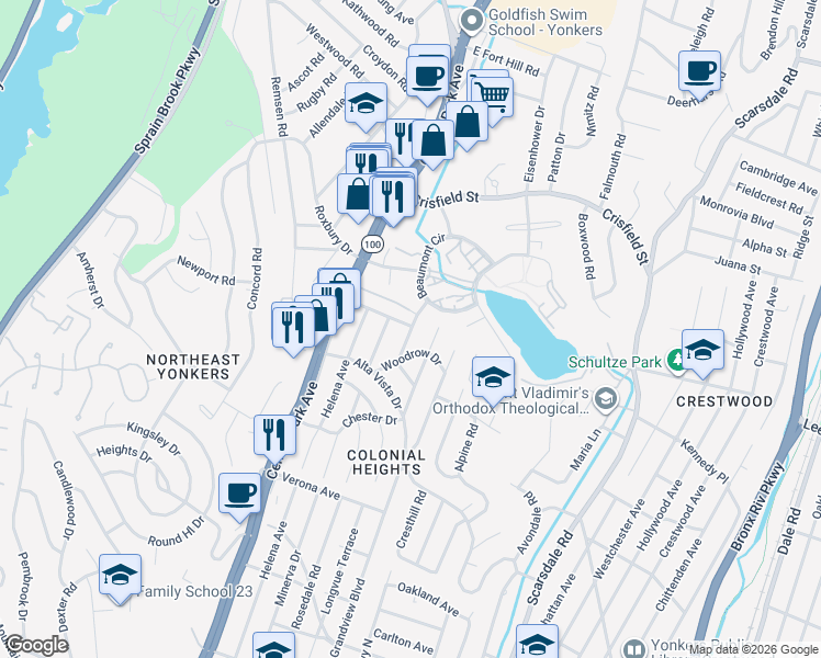 map of restaurants, bars, coffee shops, grocery stores, and more near 25 Beaumont Circle in Yonkers