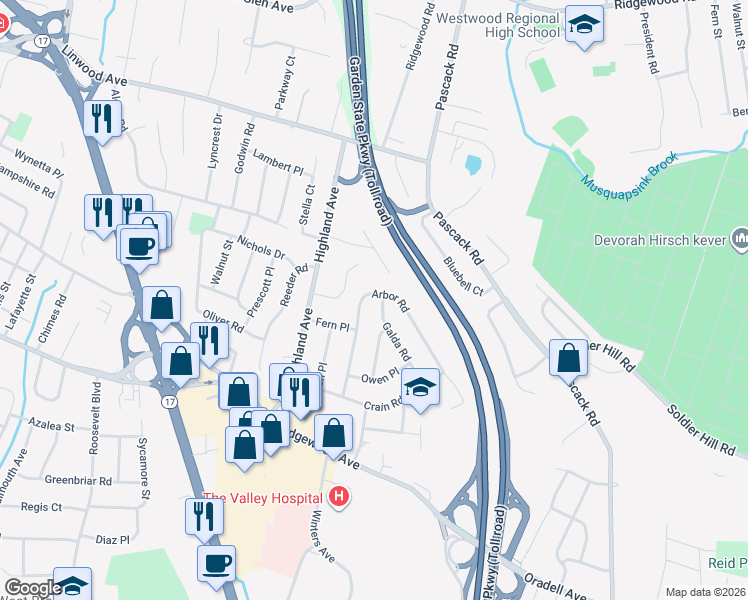map of restaurants, bars, coffee shops, grocery stores, and more near 27 Palm Court in Paramus