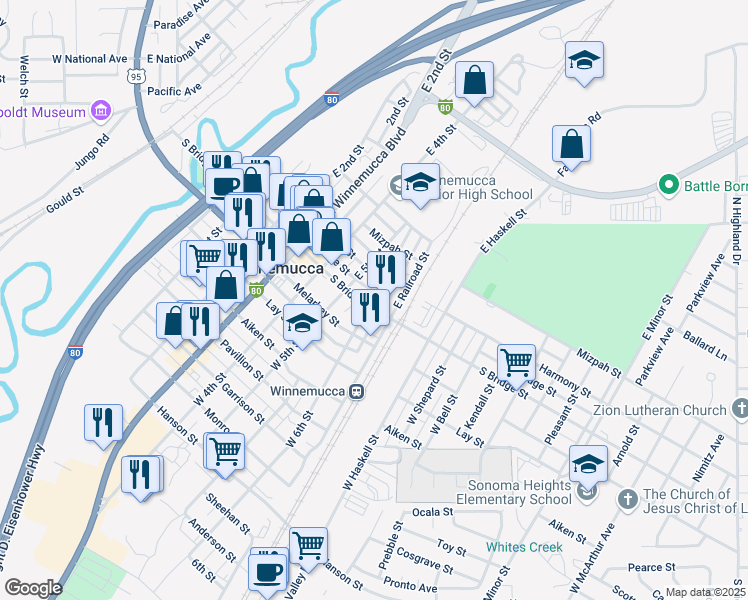 map of restaurants, bars, coffee shops, grocery stores, and more near 601 Bridge Street in Winnemucca