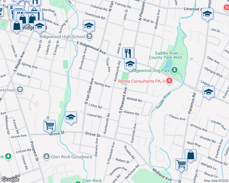 map of restaurants, bars, coffee shops, grocery stores, and more near 211 Kenilworth Road in Ridgewood