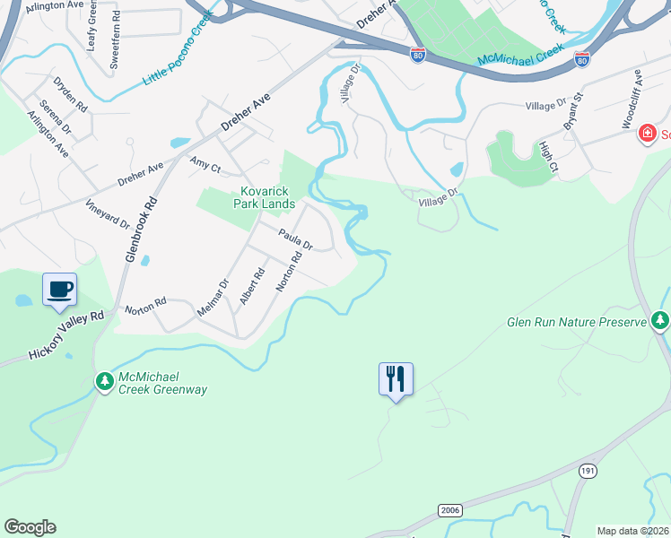 map of restaurants, bars, coffee shops, grocery stores, and more near 304 McMichaels Drive in Stroudsburg