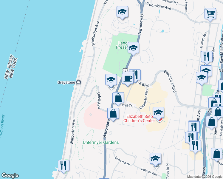 map of restaurants, bars, coffee shops, grocery stores, and more near 1061 North Broadway in Yonkers