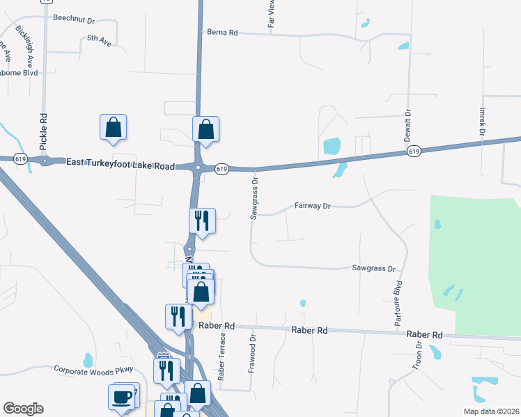 map of restaurants, bars, coffee shops, grocery stores, and more near 1557 Sawgrass Drive in Uniontown