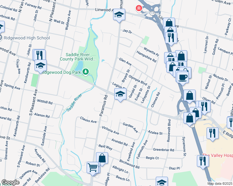 map of restaurants, bars, coffee shops, grocery stores, and more near 3 Legion Place in Paramus