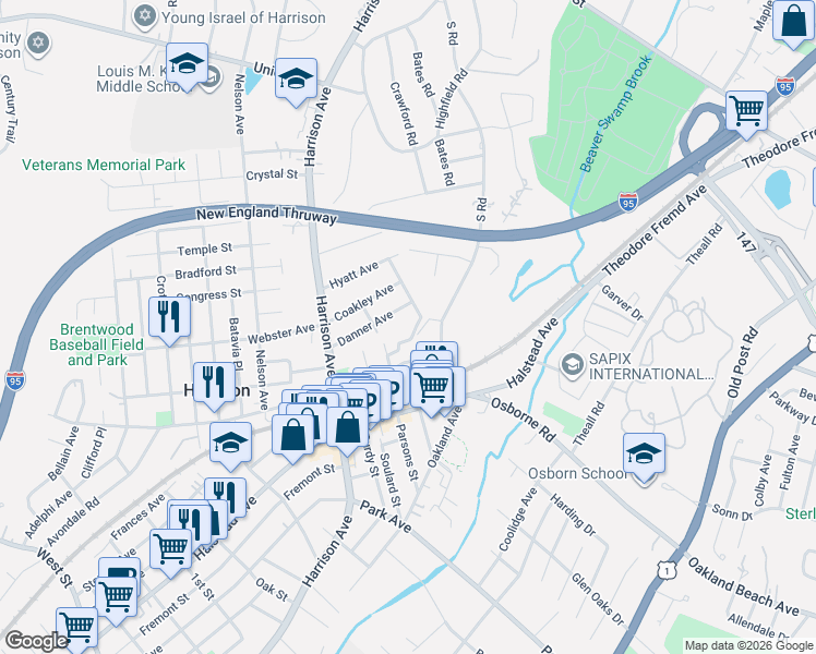 map of restaurants, bars, coffee shops, grocery stores, and more near 67 Danner Avenue in Harrison
